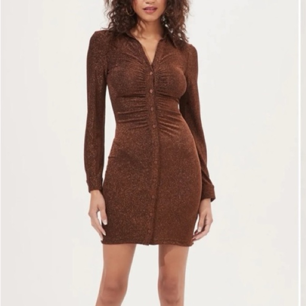ASTR the Label Ambel Dress Copper Cocktail Party Ruched Dress Button Down Size S